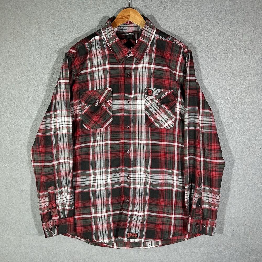 Born Scum Backstabber Red Grey Black Plaid Flannel Shirt L/S Shirt Size XL